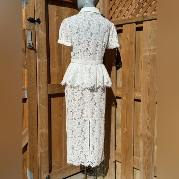 🆕 SELF-PORTRAIT 🧿 NWOT White Lace Peplum Belted Midi Dress, Sz UK 10 US 6 - Picture 8 of 16